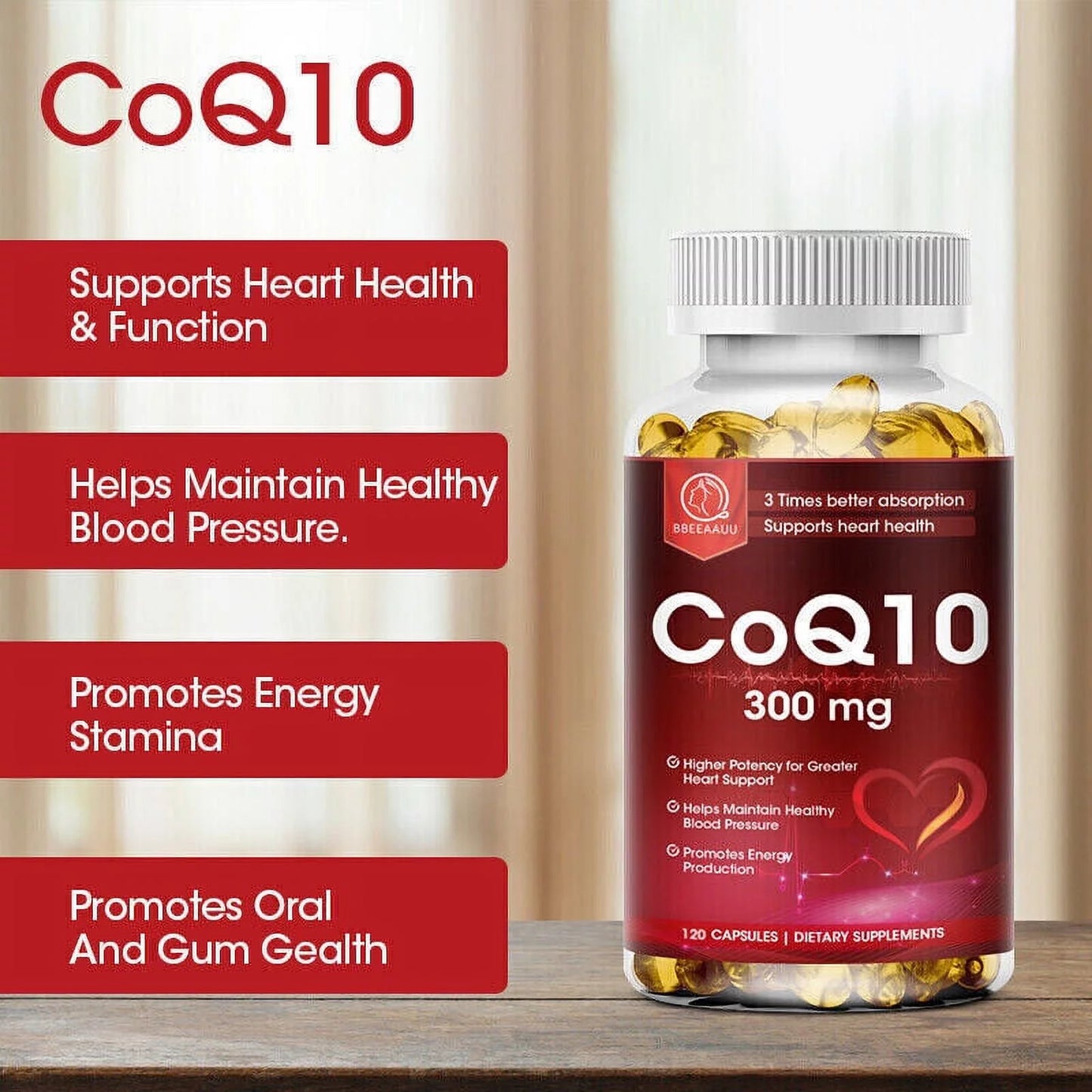 COQ10 Coenzyme Q10 300Mg Vegetarian Capsule Promotes Cardiovascular Health Heart Health - 120Ct